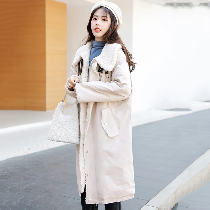 

Winter Warm Coat Long Lambswool Cotton Large Fur Collar Padded Lamb Wool Coat Loose Padded Jacket Woman FC493