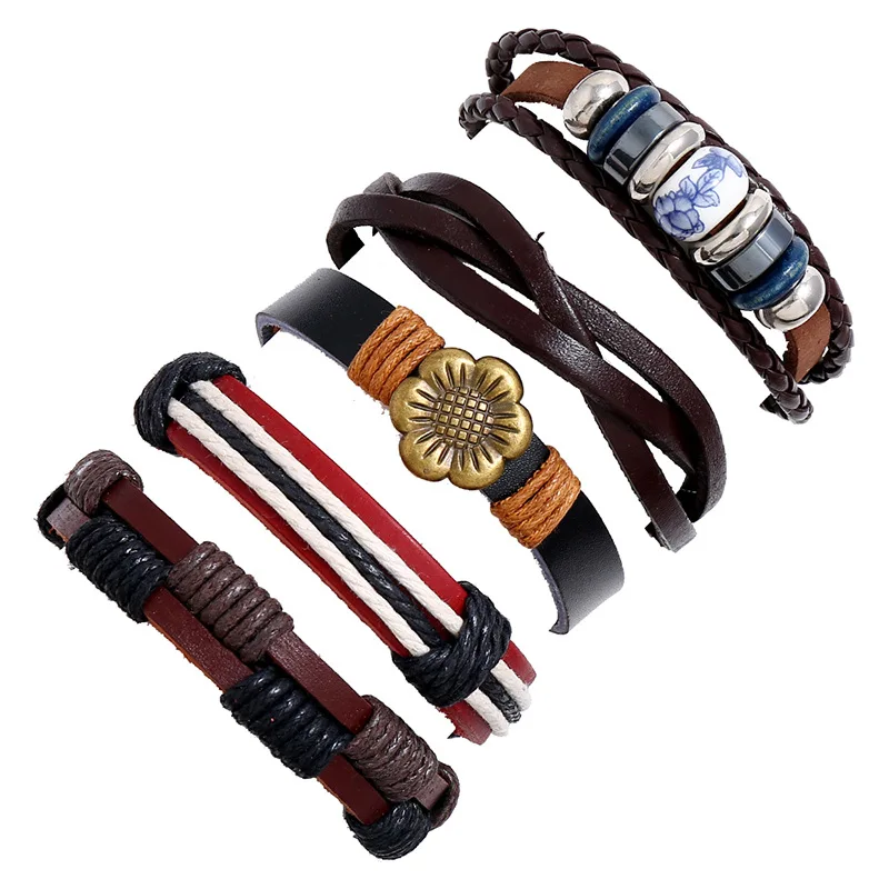 

5Pcs/Set Men's Accessories DIY Retro Suit Cowhide Bracelet Simple Multilayer Woven Bracelet