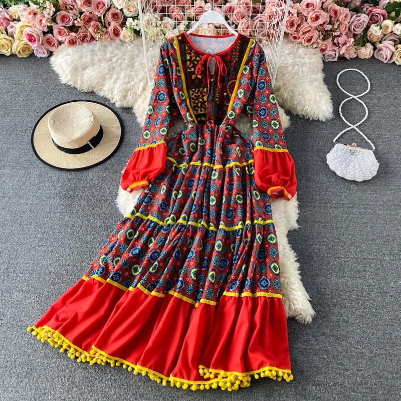 

Jastie 2022 Summer New Style Boho National Embroidery Dress Retro Print Holiday Midi Dress Beach Vestidos Female