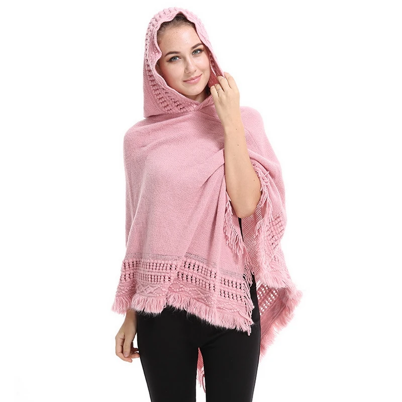 

2021 Knitting Loose Large Size Autumn Winter Poncho Women White Pink Black Red Cape Femme Shawl Cloak Hoodies