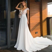 cap sleeve v neck open back sweep train wedding dress bride gown lace applique vestidos de novia robe mari%c3%a9e