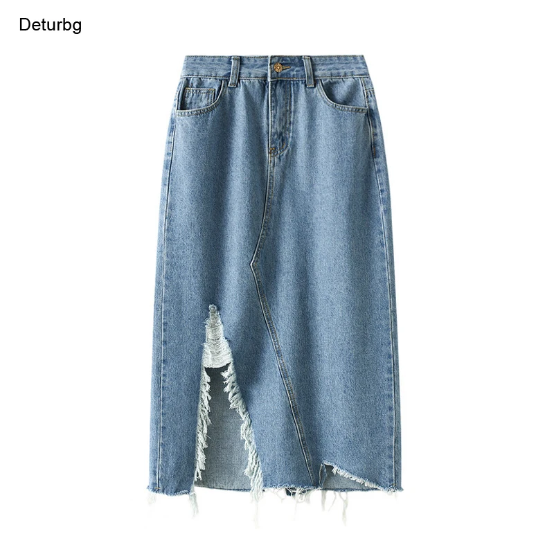 

Women's Fashion Holes Denim Skirt With Tassel Korean Female High Waist Pockets Splits Jeans Tube Skirts Faldas 2021 Autumn Sk856