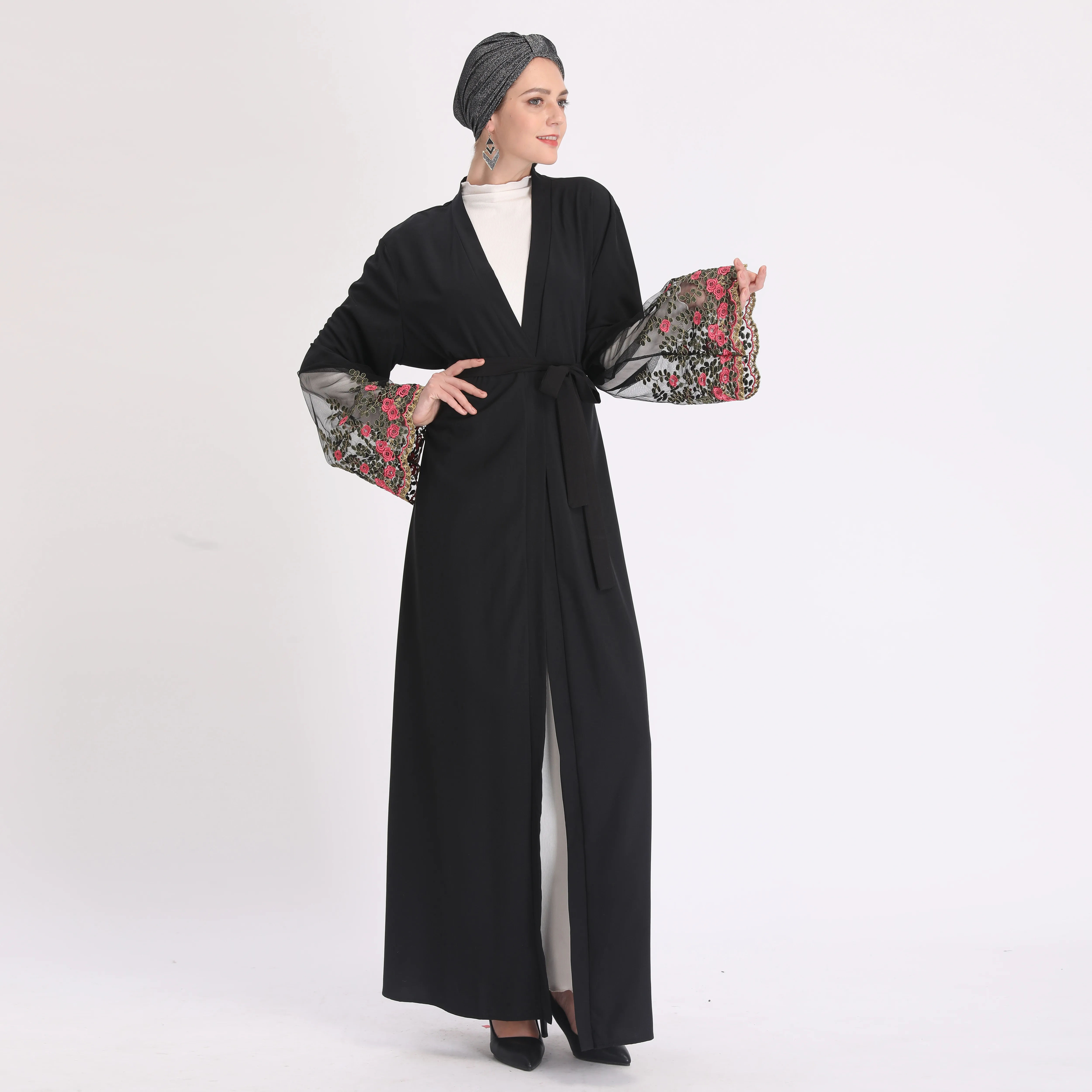 Элегантное мусульманское кружевное платье с вышивкой Abaya сетчатый кардиган