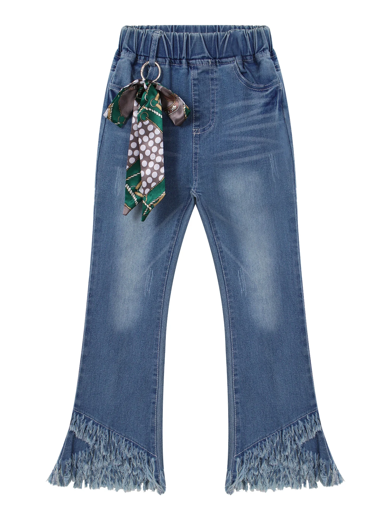 

Детская стильная одежда для девочек эластичный пояс бант подвесной Декор кисточка подол колокол стильные джинсовые длинные брюки