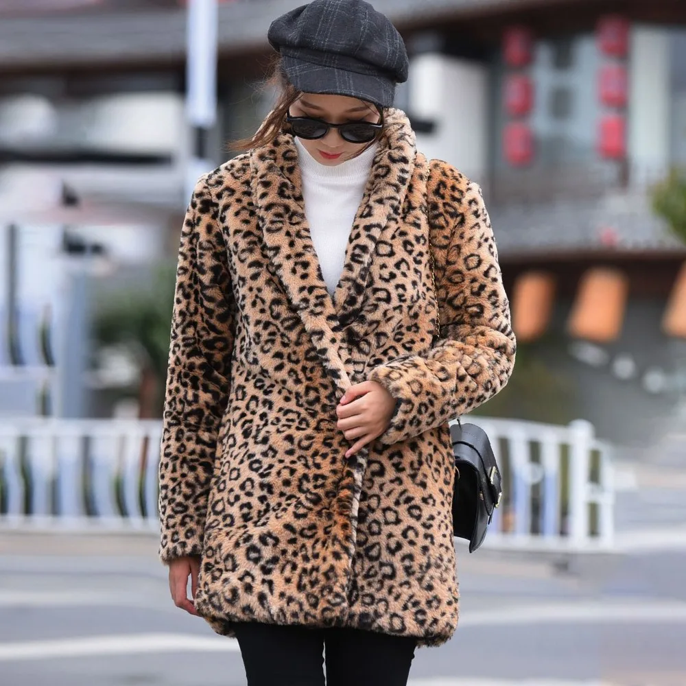 Женское леопардовое пальто теплое офисное большого размера в Корейском стиле