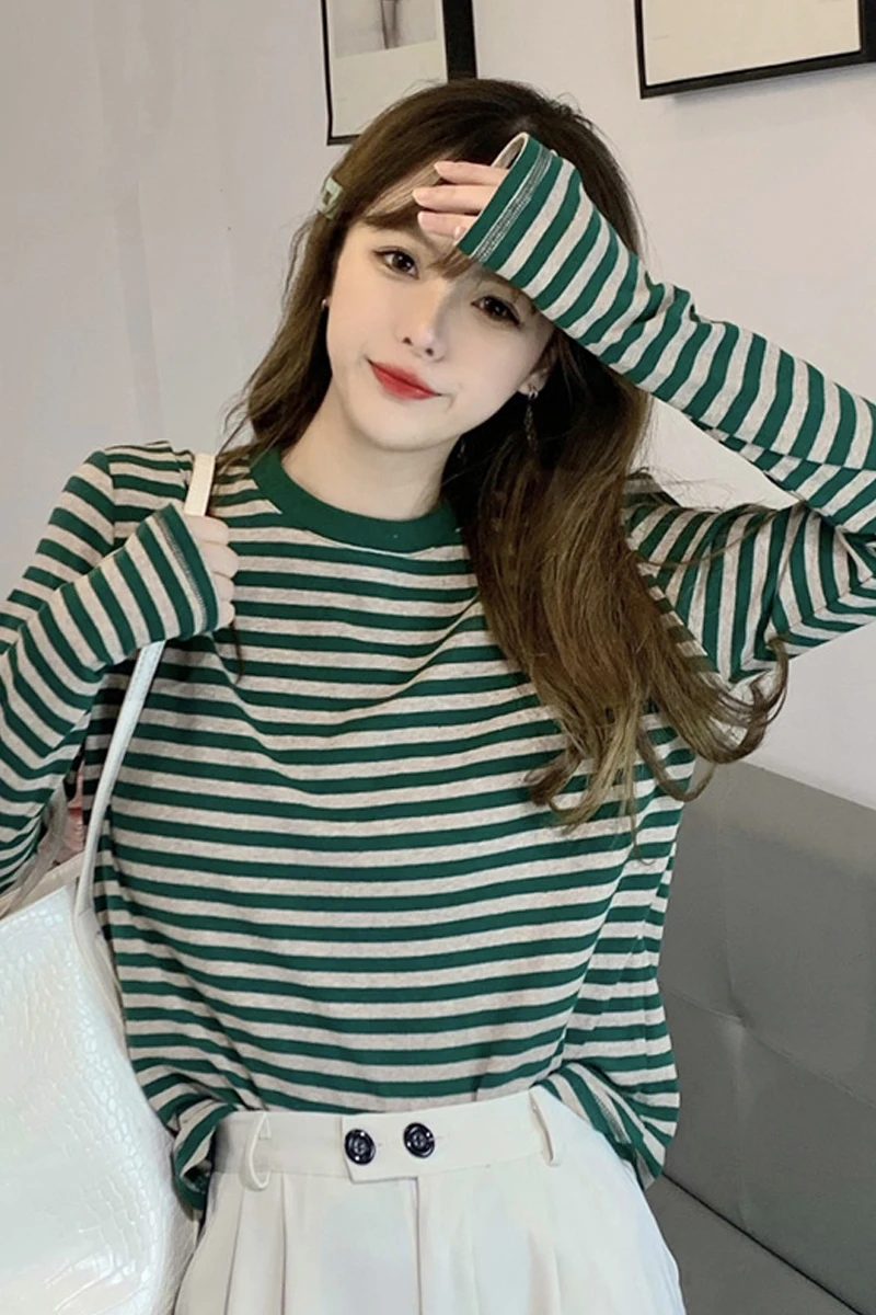 Полосатая футболка с длинным рукавом Женская весенне-осенняя рубашка новинка 2021