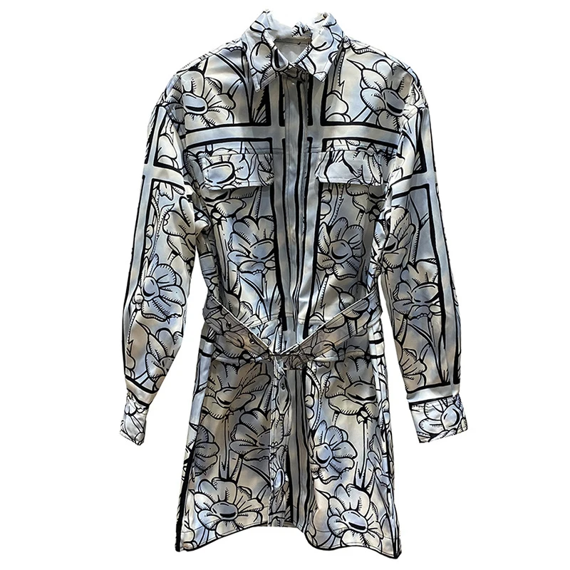 

Sun Flower Print Dress Women's Long Sleeve Early Autumn New Belt Hand Painted Style Long Windbreaker Dress