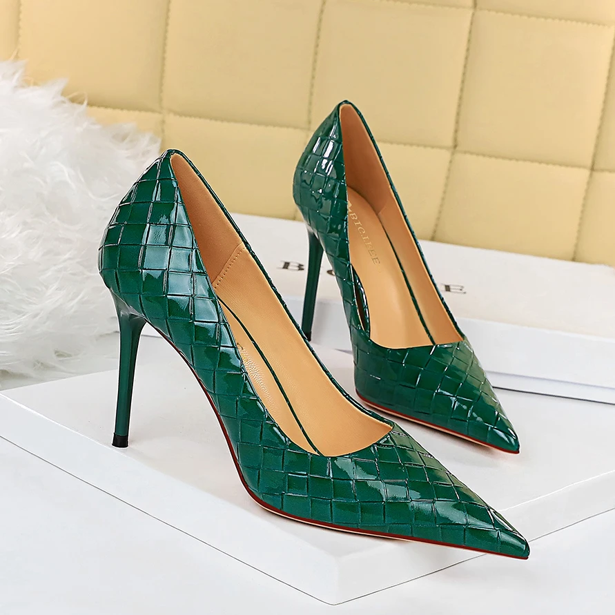 

BIGTREE Shoes Patent Leather Woman Pumps 2021 New Designer Shoes Weave Pattern Fine High Heels Stiletto Heeled Shoes Party Shoes