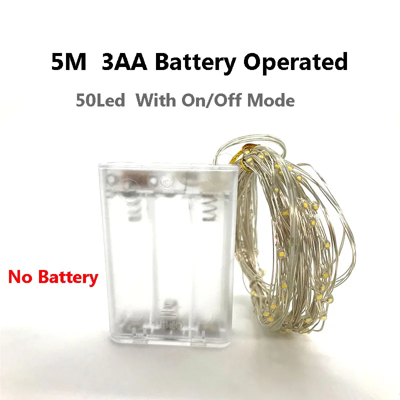 5m 3xAA Battery 2 м, 5 м, 10 м, водонепроницаемый светодиодный светильник, Серебряный провод, питание от батареи, звездная фея, гирлянда, праздничный светильник, декор для Хэллоуина - Испускаемый цвет: 5m 3xAA Battery
