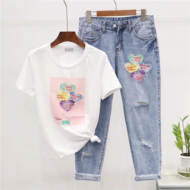 2020 Summer New Female T-shirt Fashion Diamond Balloon Print Loose T Shirt + Hole Jeans Casual Two Piece Set Women Clothing H033 | Женская