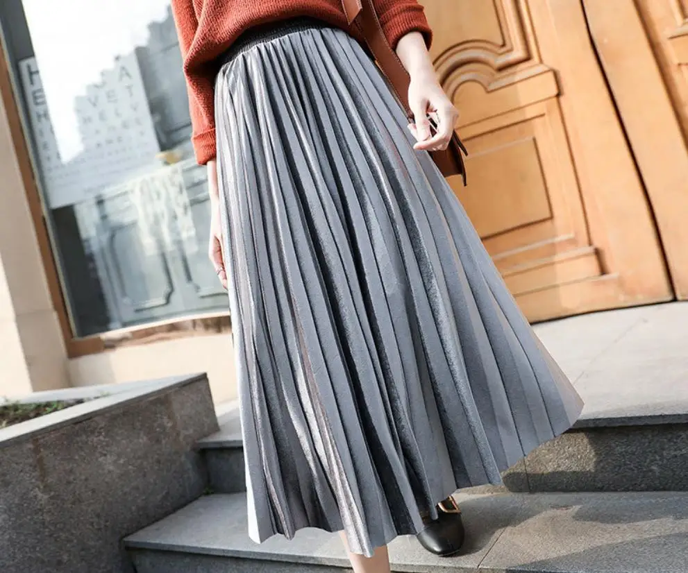 Юбка женская плиссированная средней длины модная длинная трапециевидная юбка с