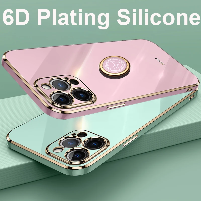 

Luxury 6D Plating Silicone Case For iPhone 12 Pro MAX 12 Mini 11 XS XR 7 8 Plus Metal Ring Holder Soft Camera Protector Cover