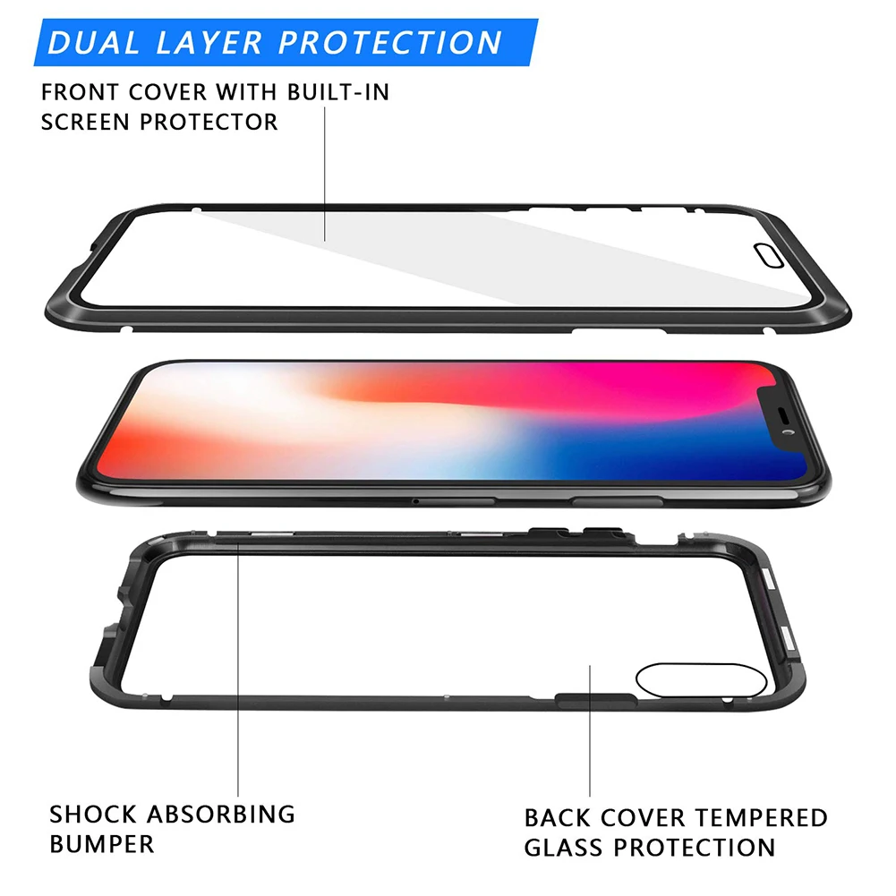 Роскошный Магнитный чехол для iPhone X R металлический стеклянный чехол для iPhone X/xs max/6/6s/7/8 plus металлический бампер alumilum 360 полная защита, 50 шт в наборе