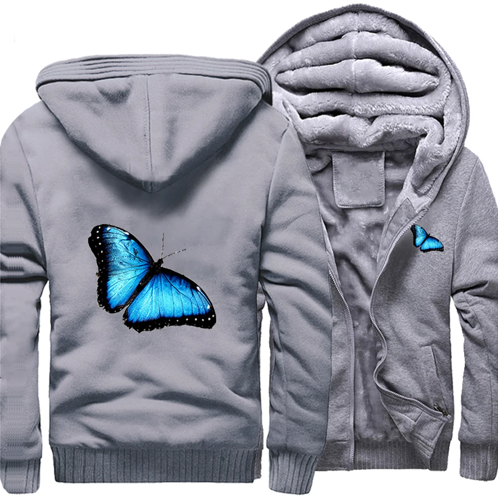 

Butterfly Blue Beautiful Casual Hoodie Street Winter Warm Thick Jackets Top Men Printed Fitted Outdoor Sweatshirt Funny Coat