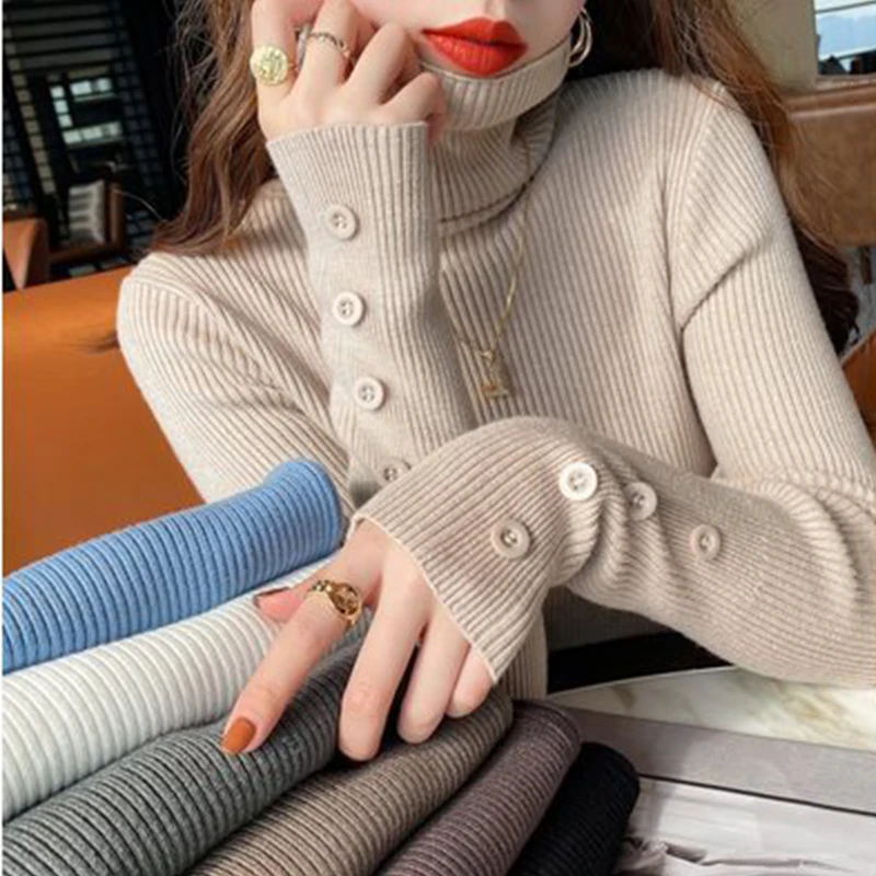 

Женский трикотажный свитер с высоким воротником, повседневный облегающий пуловер с длинным рукавом, Осень-зима 2021