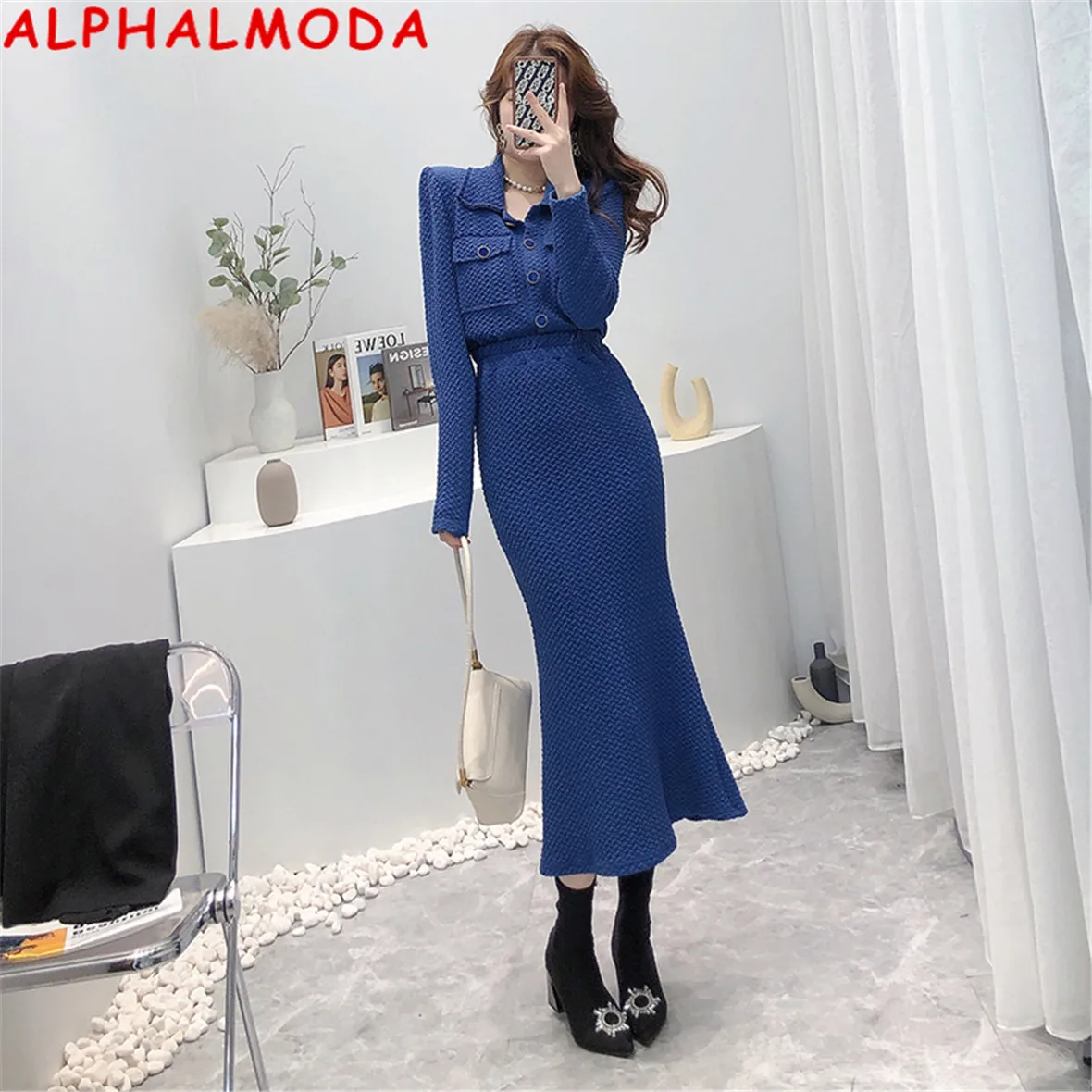 

Женский костюм ALPHALMODA, однобортный пиджак с длинным рукавом и юбка-годе с высокой талией в стиле Звезд, костюм из 2 предметов