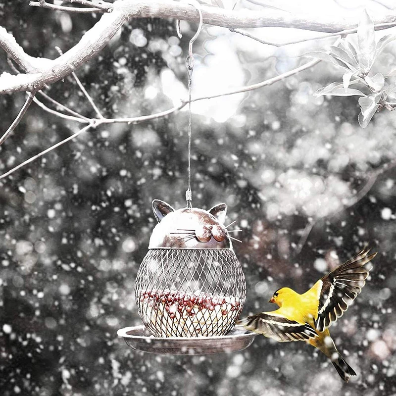 

Outdoor Metal Hanging Cage Birds Feeder Retro Cat Head Shape Birds Feeder Strong Structure Easy to Clean Birds Feeders