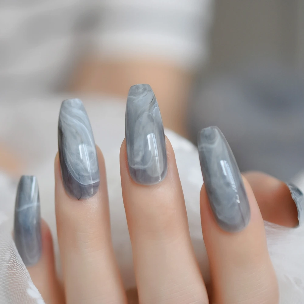 Мраморные накладные ногти Экстра длинные балерины глянцевый камень шаблон форма