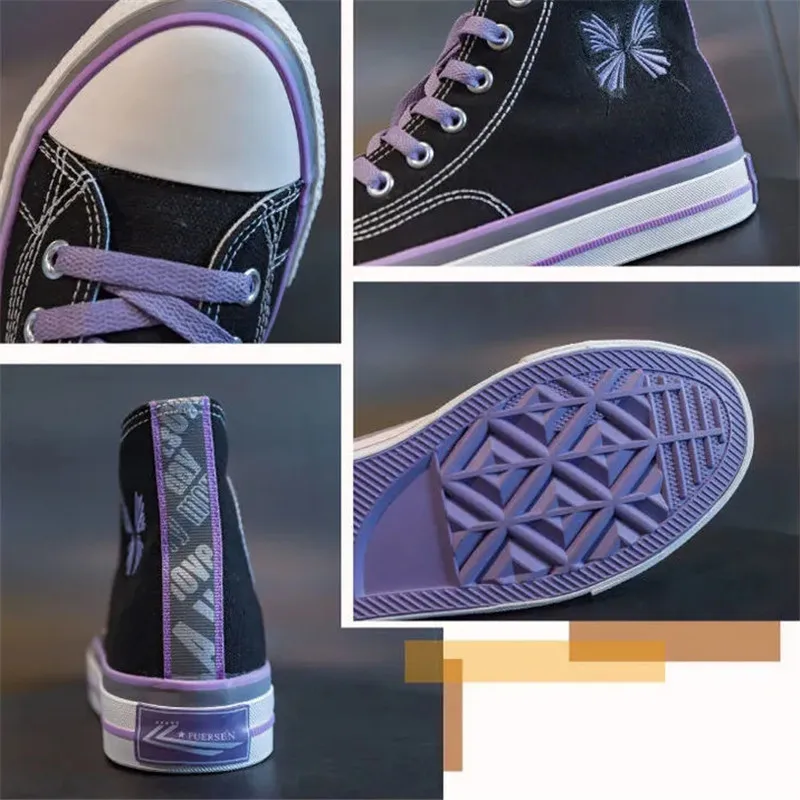 

All-match Purple Butterfly Embroidery Ladies Canvas Sneakers Patchwork Canvas Shoes Girls Reflective Black Running Platform Shoe