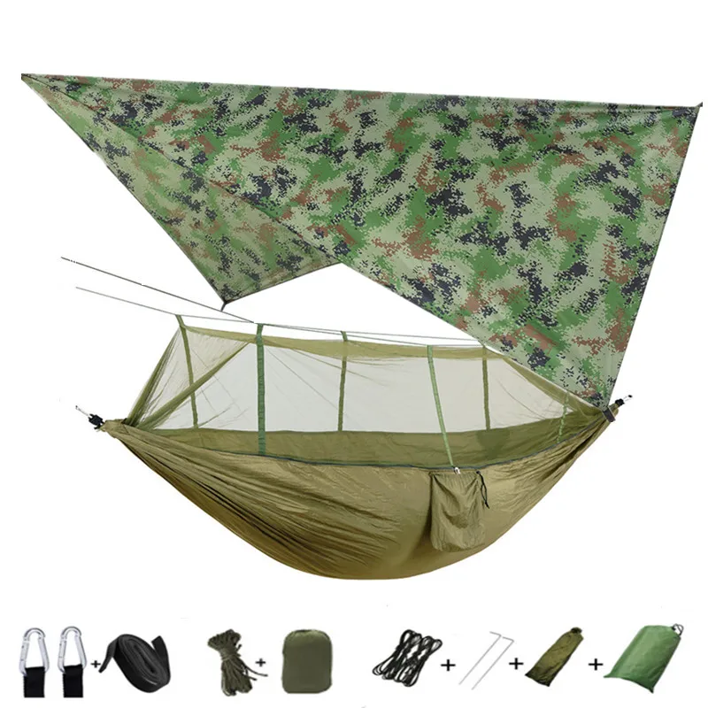 Camouflage and green Дождевой мух брезент и Кемпинг гамак с москитной сеткой портативный гамак навес легкий нейлон гамаки для пеших прогулок, альпинизма - Цвет: Camouflage and green
