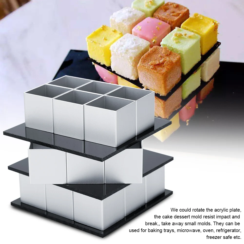 

Metal Cube Square Shape Silicone Mold for Cake Decorating Tools DIY 3D Rotation Mousse Dessert Cake Moulds for Kitchen Baking