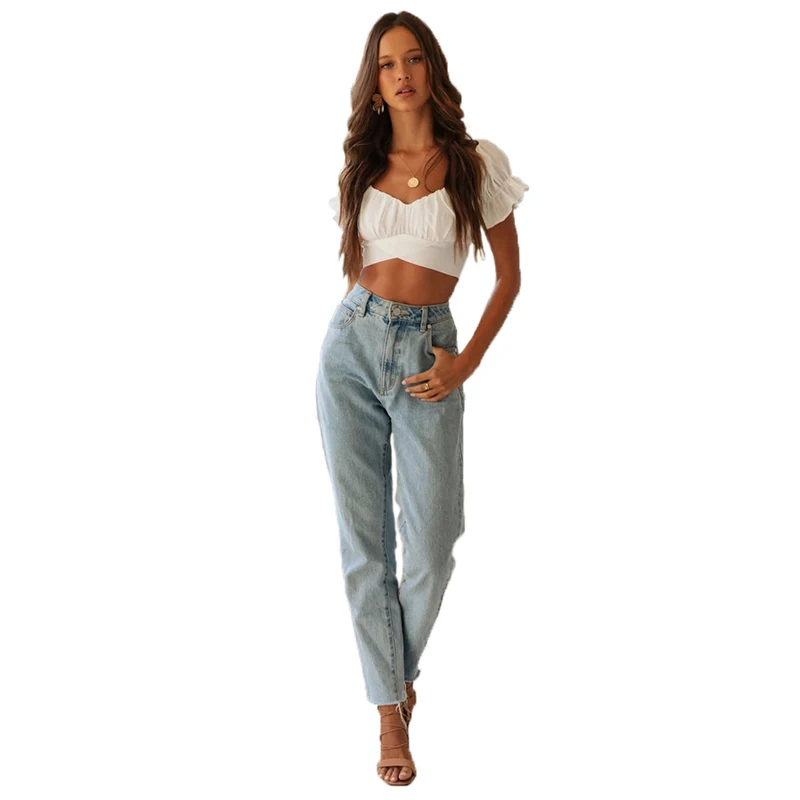 Spring/Summer 2020 new Europeanstyle lantern short-sleeve square V neck crop navel back neckline drape pure color short blouse