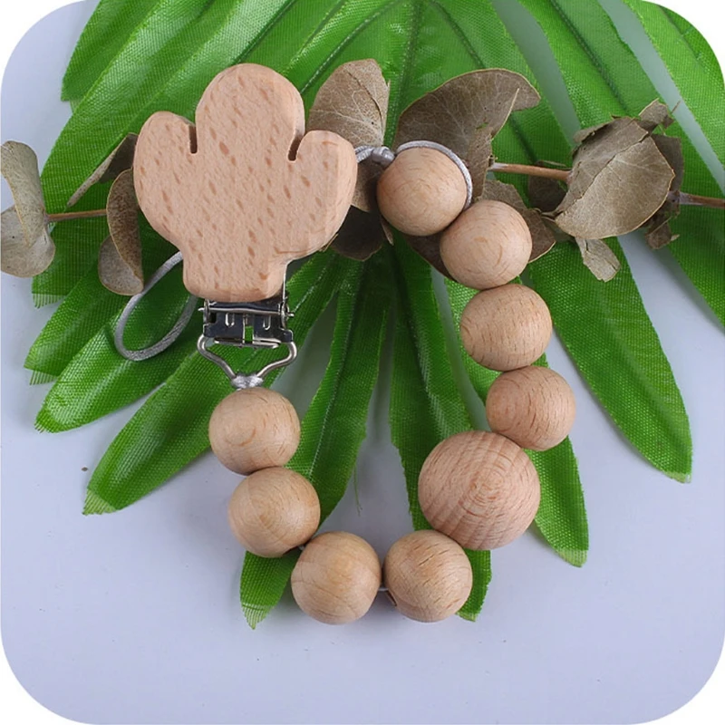 Mordedor de madera org&aacute;nico para beb&eacute;, juguete de dentici&oacute;n Natural, collar de dentici&oacute;n con cuentas de silicona, Clips para chupete reci&eacute;n nacido, cadena de regalo para beb&eacute;-4