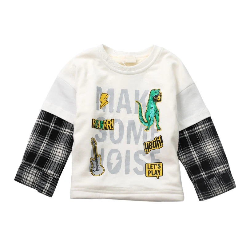 

New Fall Children'S Sweater With Plush And Thickened Letters Cartoon Boy'S Long Sleeve Sweater Fake Two Dinosaur Patterns