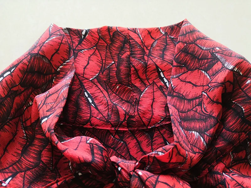 Woman Two Piece Outfit Set 2021 Spring Summer Red Printed Stand Collar Bow Long Sleeved Shirt + High Waist Pleated Skirt Suits