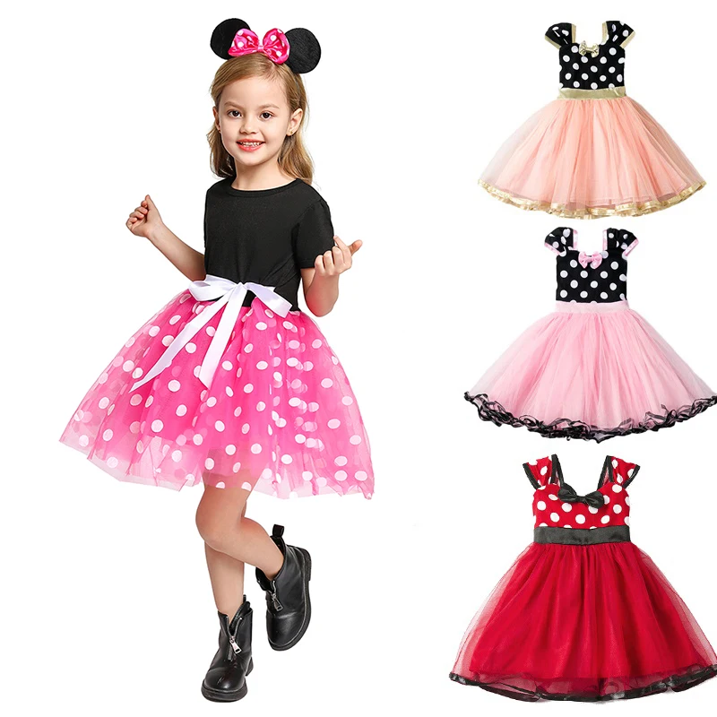 

Girls Mickey Minnie Tutu Dress Children Summer Dots Bowknot Cartoon Fancy Dress Up Costume Girl Birthday Party Outfit Sundress