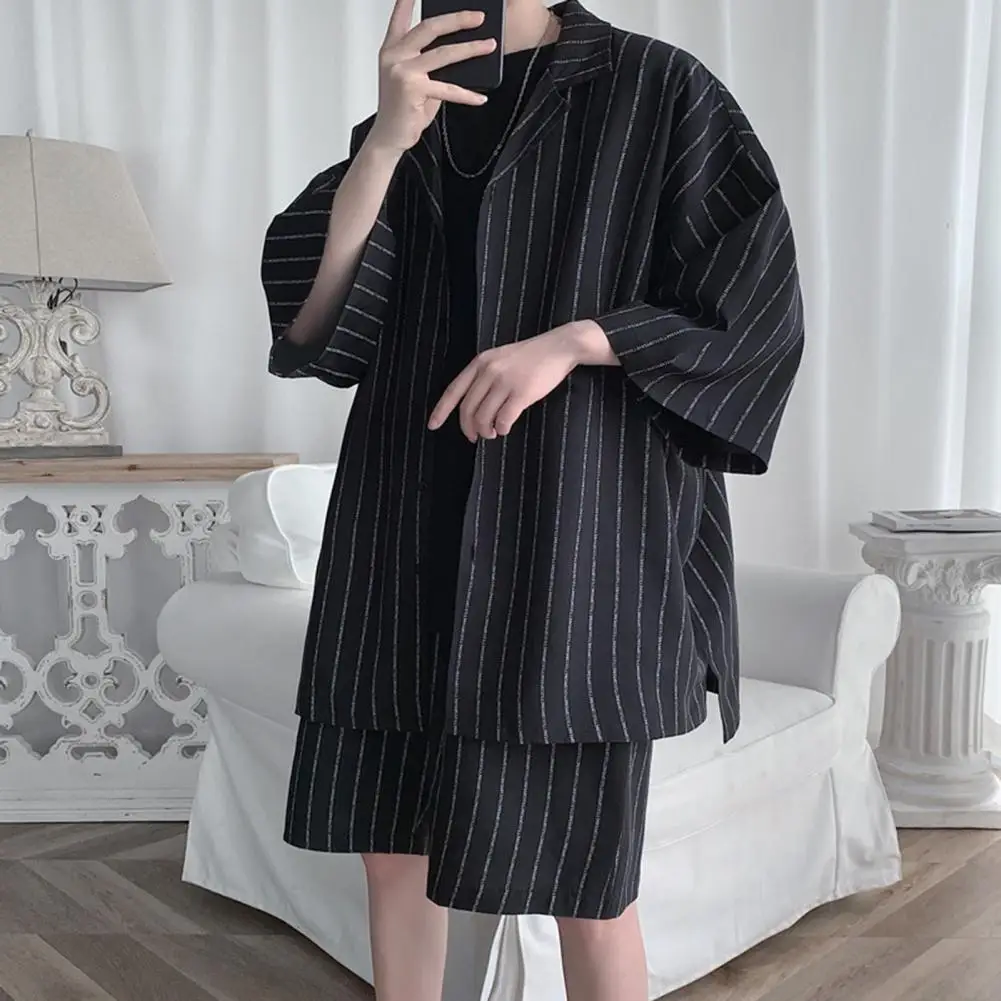 

New Summer Men Set Shirts and Shorts Lightweight Letter Striped Half Sleeve Knee-Length Baggy Short Oversize Suit Clothing Man
