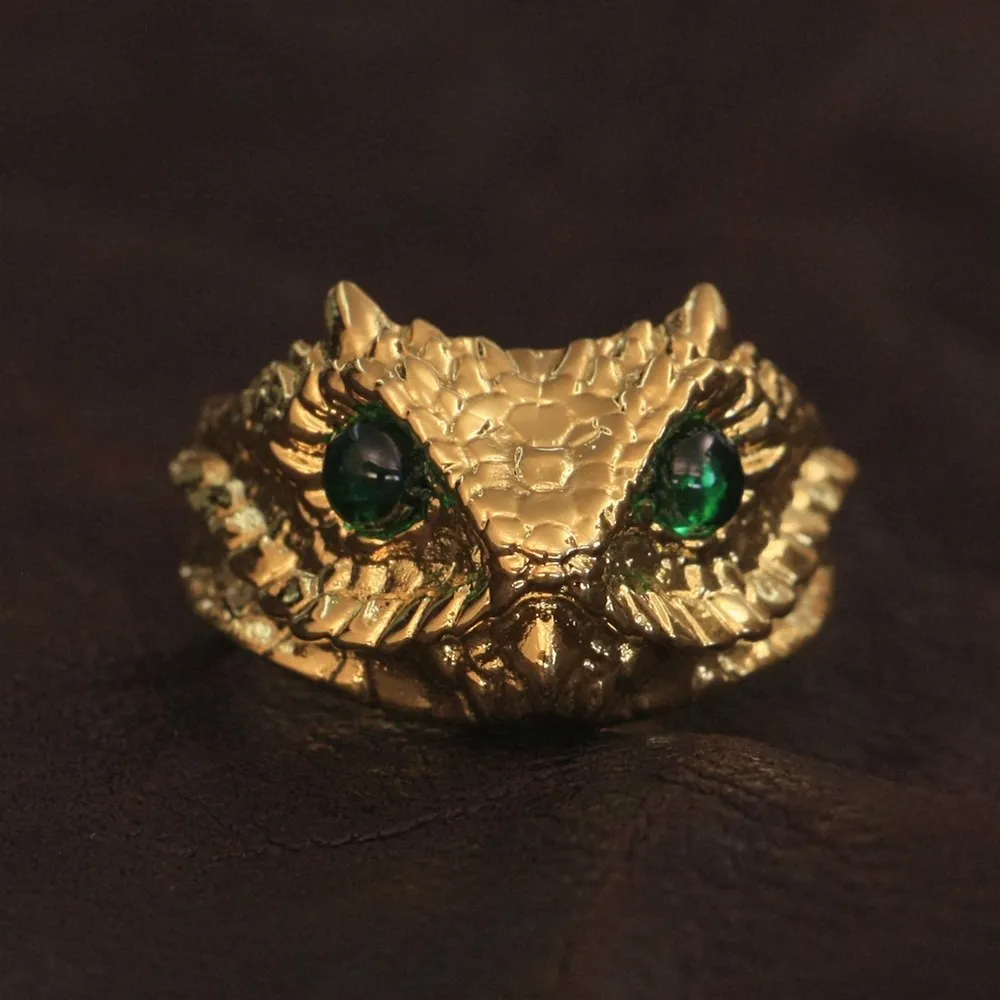 

LINSION Green CZ Eyes Adder Viper Snake Charms Gold Plated Brass Jewelry GP267 US Size 7~15