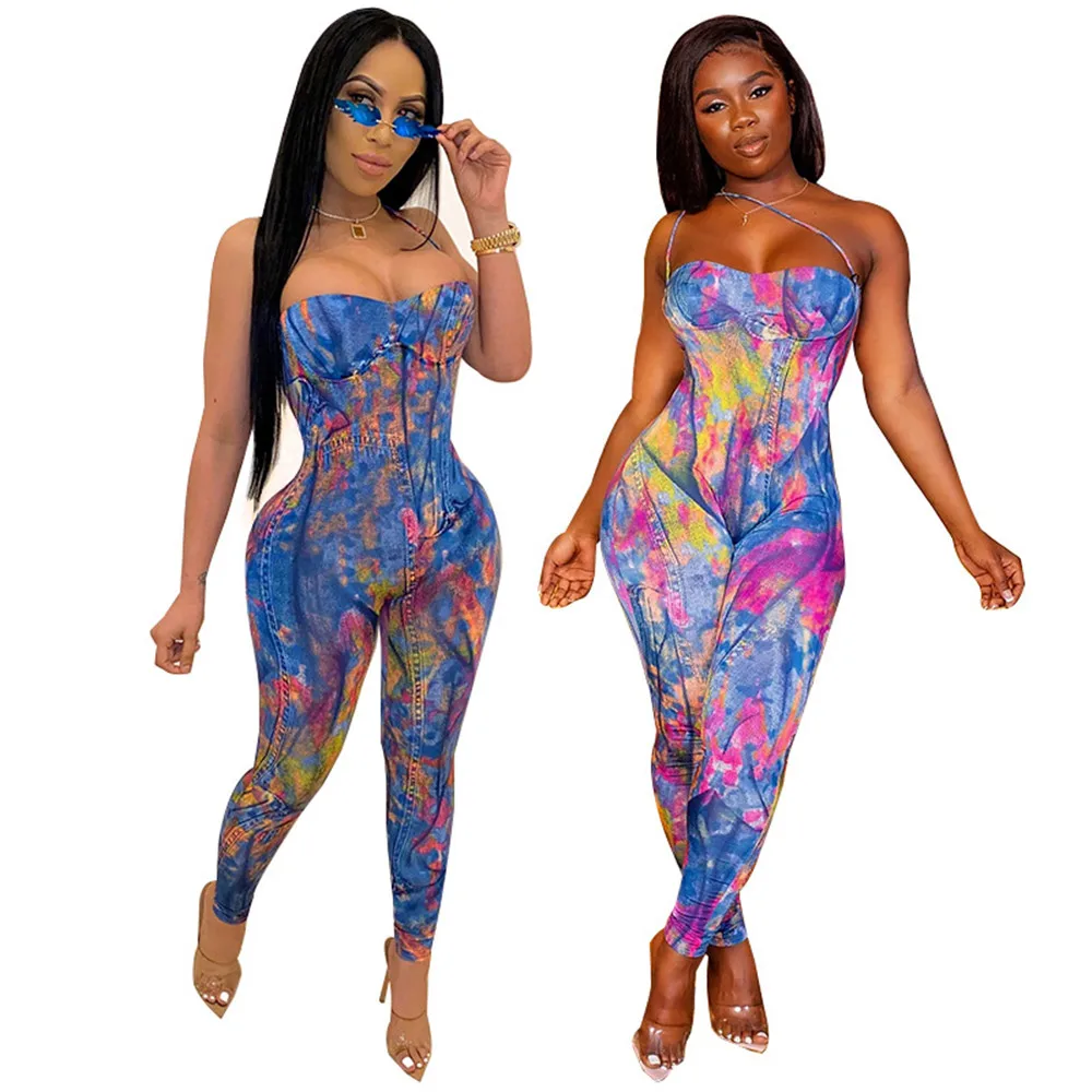 

Tie Dye Colorful Denim Jumpsuit Jeans Women Romper Sexy Off Shoulder Strapless Backless Night Party Bodycon Overalls Clubwear
