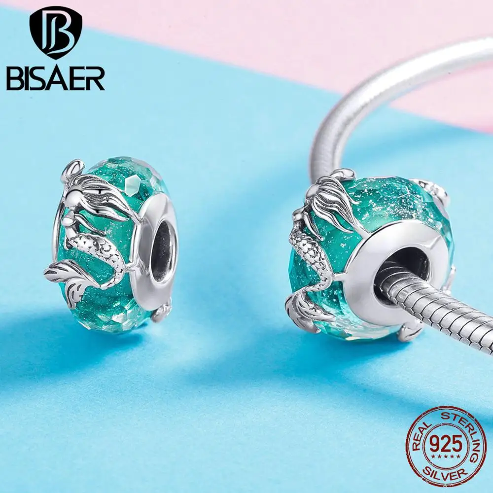 BISAER 925 пробы серебряные стеклянные бусины снежинки Русалка звезда европейские бисерные Подвески подходят для шарма браслеты серебро 925 ювелирные изделия