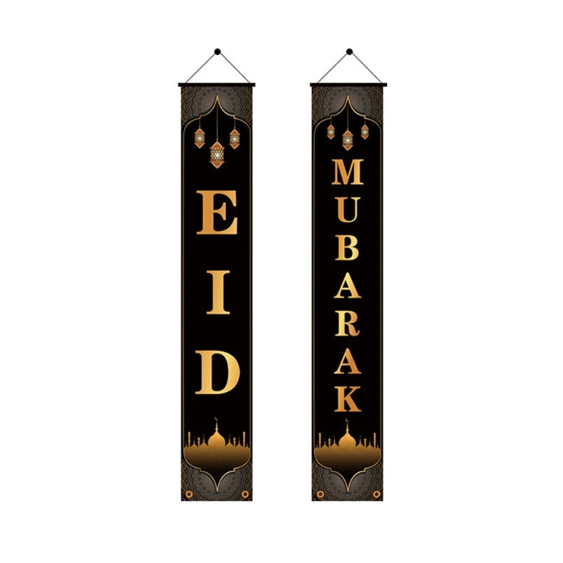 

2Pcs/Set Eid Mubarak Porch Banner Ramadan Kareem Mosque Front Door Curtain Flag Hanging Sign Islamic Muslim Party Decor