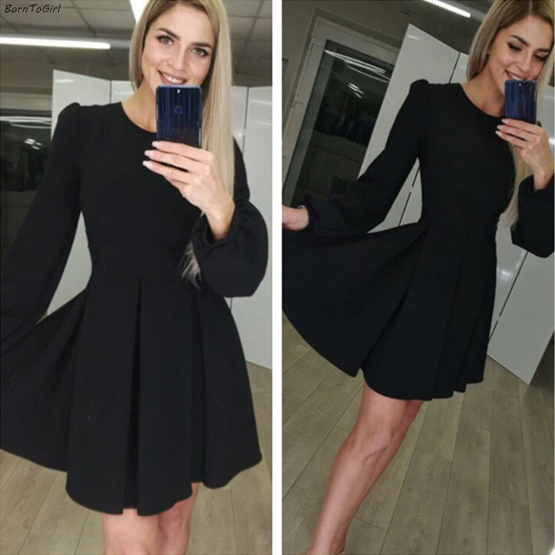 Женское винтажное платье BornToGirl с длинным рукавом и круглым вырезом цвет черный