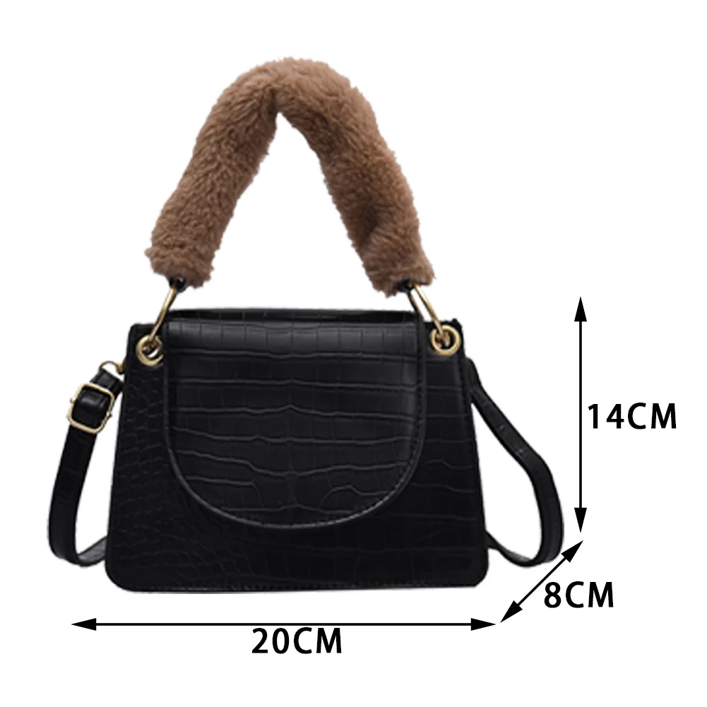 

Plush Handle PU Leather Messenger Handbags Women Retro Alligator Pattern Shoulder Crossbody Bag Causal Solid Color Street Purse