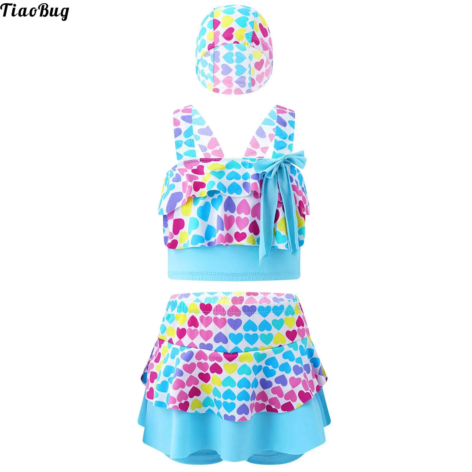 TiaoBug Summer 3Pcs Kids Girls Swimwear Sleeveless Bowknot Hearts Print Crop Tops With Ruffle Hem Skirt And Cap Swimsuit Bikini