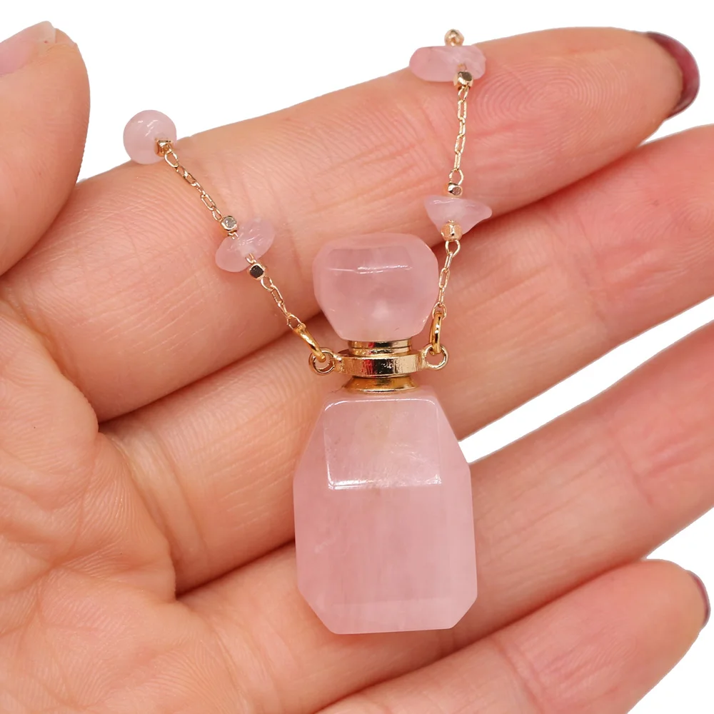 

Natural Stone Agates Perfume Bottle 60cm Necklace Pendant Rose Quartzs Essential Oil Diffuser Necklace Charm Jewelry Gift