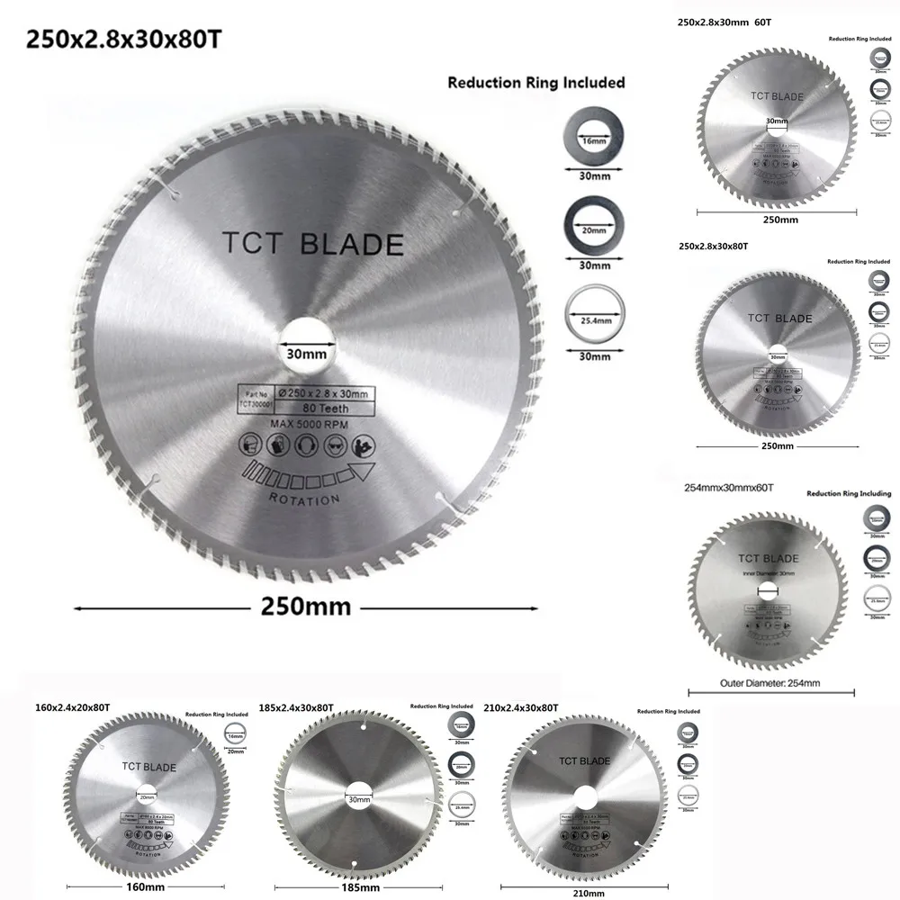 1pc 185mm/210mm/250mm Carbide Circular Saw Blade 80T 30mm Bore Wheel Discs For Wood MDF Cutting Woodworking Accessories