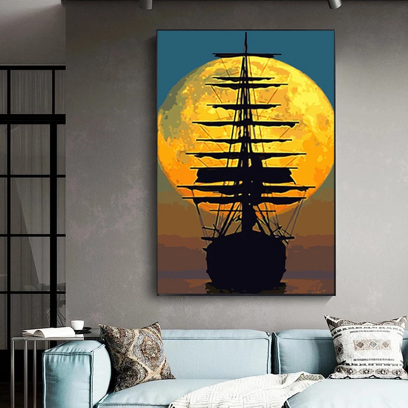 Абстрактные скандинавские постеры с изображением корабля и океана заката