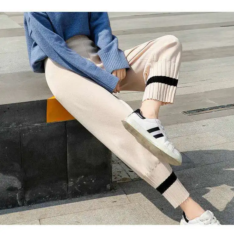 

Women Autumn Winter Striped Knit Harem Pants Female Thick Loose Elastic High Waist Trousers Ladies Cotton Ankle-Length Pants C60
