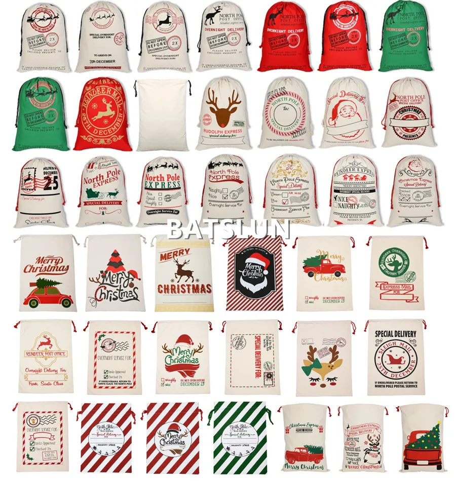 

30pcs/lot 40 Style Santa Sacks Christmas Santa Bag Drawstring Canvas Santa Sack Vintage Christmas Stocking Gift Bag Decoration