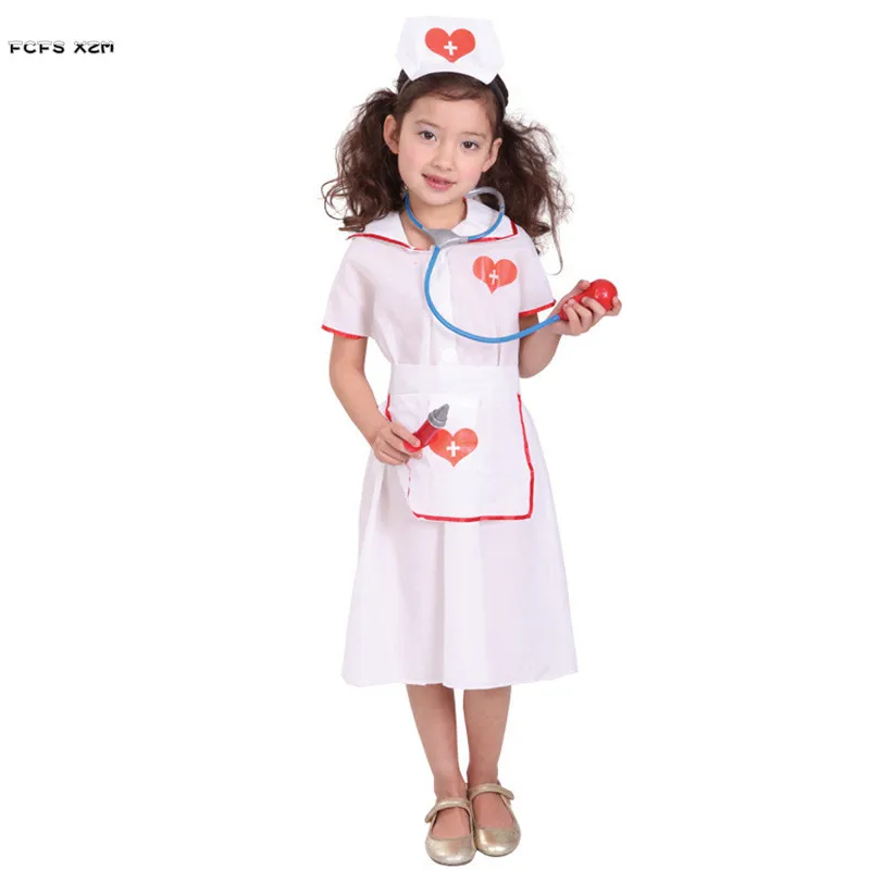 

M-XL White Kids Girls Halloween Doctors Costumes Children Nurse role playing game Cosplay Carnival Purim Masquerade Party dress