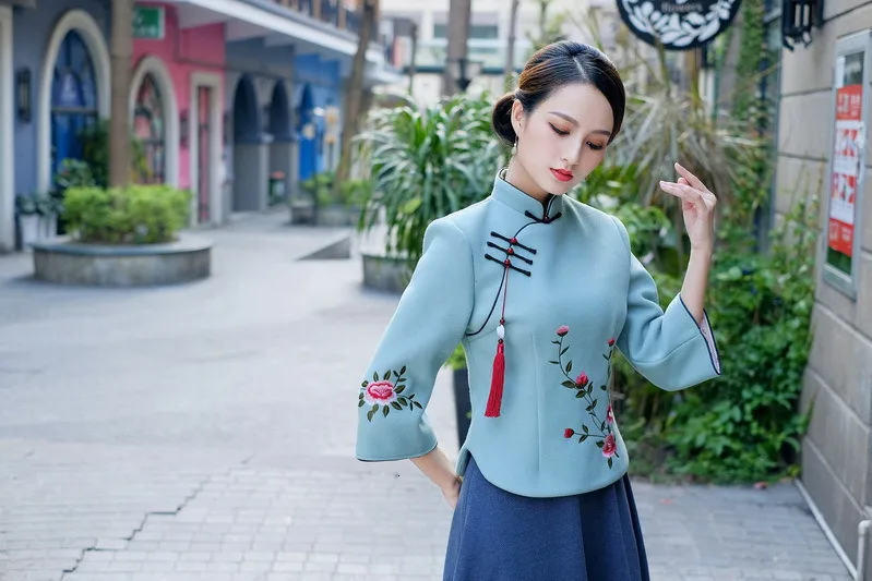 Sheng Coco Woolen Chinese Blouse Coat LadiesTraditional Chinese Shirts Embroidery Blouses Woolen Suit Classic Blue Suit