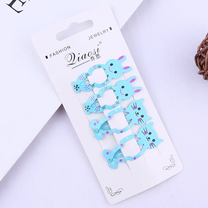 4PCS Blue 5 см Мультяшные шпильки для волос с кроликами, заколки для волос для детей, аксессуары для волос, заколка для волос для малышей, заколки для волос с изображением кота, цветная металлическая заколка с принтом - Цвет: 4PCS Blue