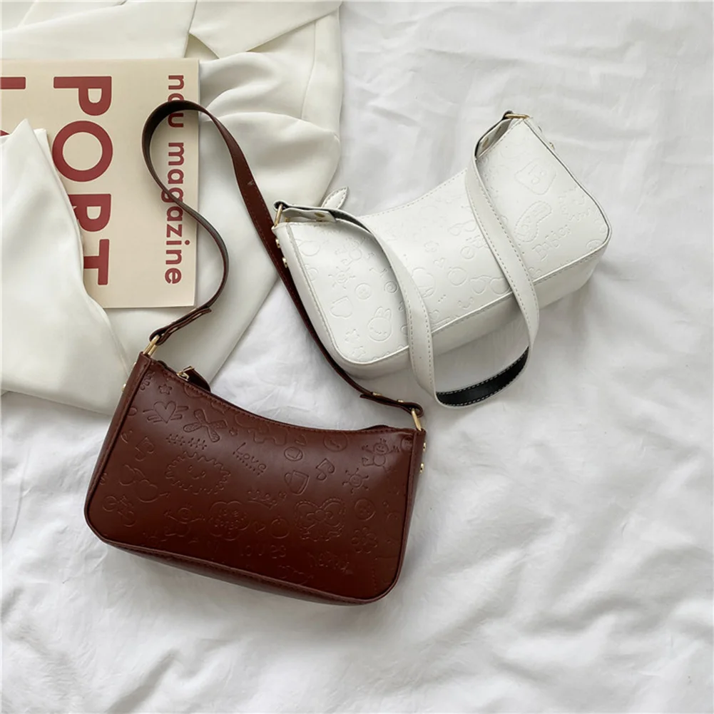 

Popular Simple Female Daily Bag Retro Women PU Leather Shoulder Underarm Bag Designer Cartoon Embossing Handbag