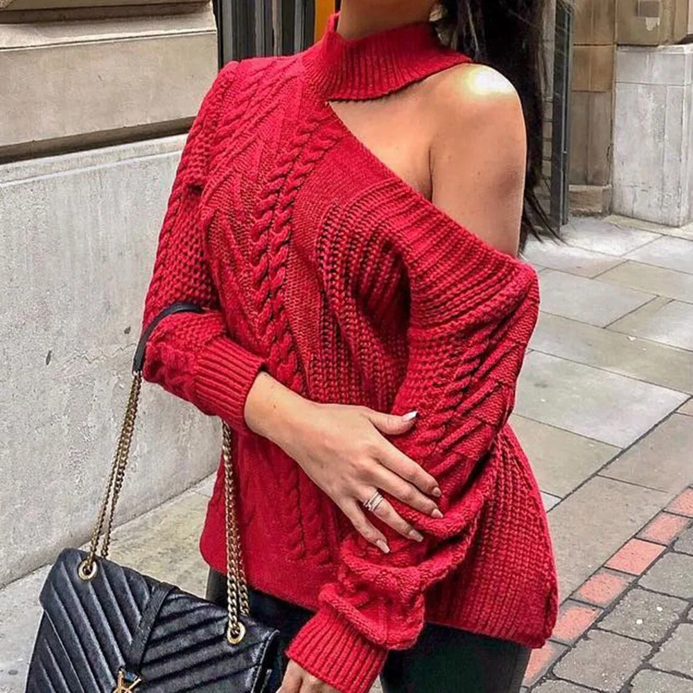 Женский свитер с открытыми плечами зимний однотонный вязаный пуловер женские