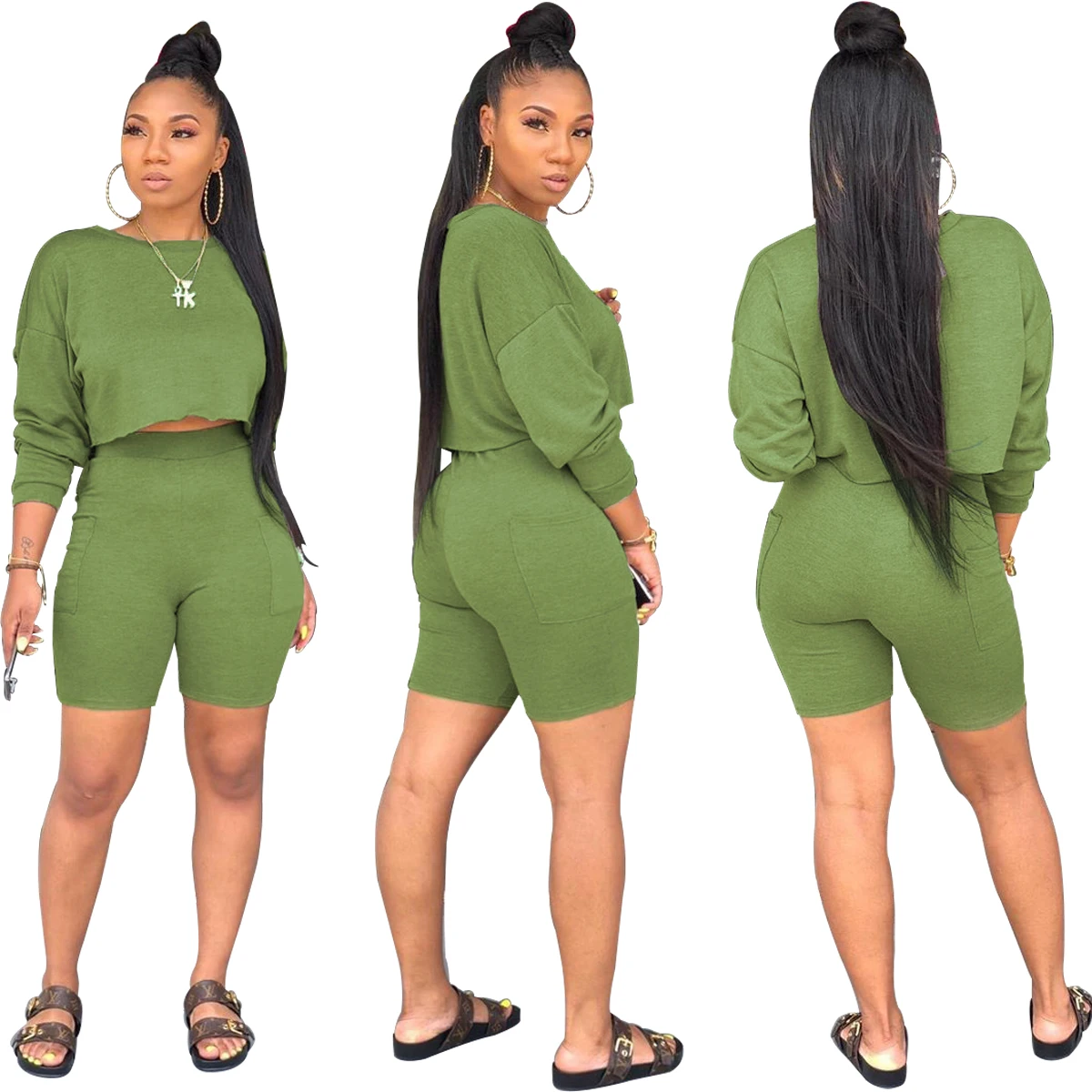 

2020 Women Sports Set Autumn 2pc Women Sets Solid Color Short Tracksuit Set Casual Streetwear Club Wear Crop Top & Shorts Suit