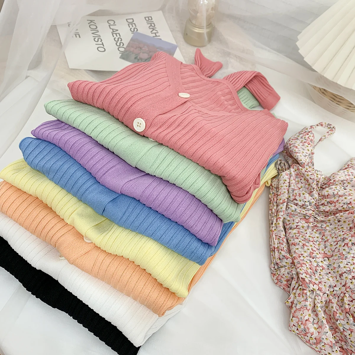 

2021 Summer Women Short Paragraph Pink Cardigan Sweater Fashion Casual Everyday Travel Waipi Slim Long sleeved Jacket Sun Shirt